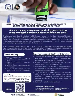 CALL FOR APPLICATIONS FOR YOUtH-OWNED BUSINESSES TO ACCESS MBS PRODUCT CERTIFICATION SUPPORT
